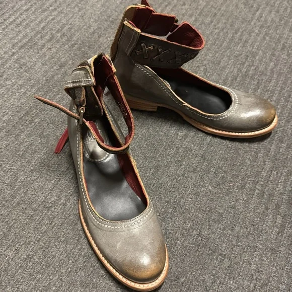 Freebird Gray and Brown Flats with Distressed Leather and Ankle Strap Si… - Picture 11 of 12